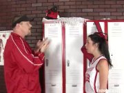 Coach and beaver helping cheerleader 2/16