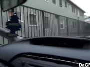 Redhead emo showing tit in car  2/16