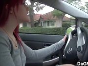 Redhead emo showing tit in car  4/16