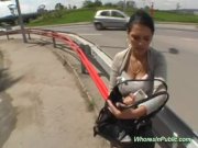 Busty gives outdoor blowjob 9/16