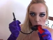 Anal play in purple fishnets and gloves 3/16