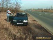 crazy amateur girl gets cum next to car 2/16