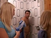 Horny babes tease and fuck their gym trainer 3/16