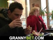 Young stud picks up huge grandma in cafe 3/16