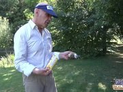 Oldman cums on young blonde's face 1/16