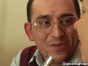 Two buddies seduce old mature plumper 3/16