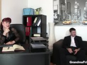 Business woman spreads her old pussy for two  8/16