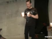 Tied blonde slave gives Master a footjob 1/16