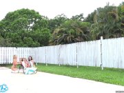 lesbian teen threesome play tug a war with a drone pulling college pussy