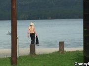 Old blonde granny rides cock on public 15/16