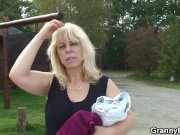 Old blonde granny rides cock on public 2/16