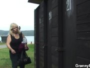 Old blonde granny rides cock on public 4/16