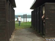 Old blonde granny rides cock on public 8/16