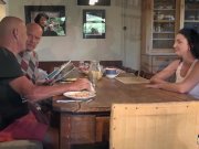 Cute teen girl flirting than fucking step dad and his old friend in 3some 1/16