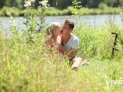 Sexy blonde girl and her man make love outdoors 3/16
