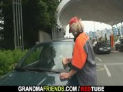 Slutty granny takes two cocks in the fields 1/16