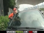 Slutty granny takes two cocks in the fields 4/16