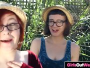 Curvy lesbian pisses and licks her hairy girlfriend 1/16