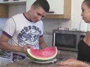 Brunette gives head and fucks in a kitchen 1/16