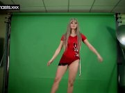 Red Dressed Gymnast Doing Spreads 5/16