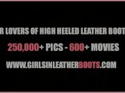 Kinky leather clad femdoms make inmate slave lick the cream off their boots 1/16