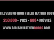 Secretary babe slowly pulls on leather thigh boots over her sexy nylons 16/16