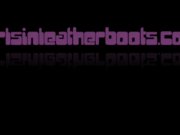 Secretary babe slowly pulls on leather thigh boots over her sexy nylons 2/16