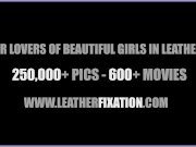 Busty naked babe with hot curvy body puts on her skin tight leather pants 16/16