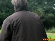 Femdoms jerking cfnm sub outdoors in group 1/16