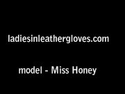 Nylon clad blonde rubs her soft leather gloves against big tits wet pussy 15/16