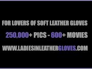 Kinky babes Tina and Tia tease putting on leather gloves nylons high heels 16/16