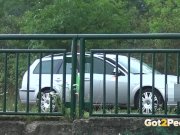 Pee Desperation - Redhead fires piss streams through a railing in public 4/16