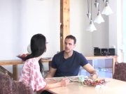 Geeky brunette chick riding a hard cock 3/16