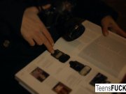 Brunette teen Jessica gets cum on her glasses 3/16