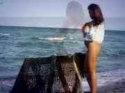 Big tits brunette Sensual Jane fingering at the beach 14/16