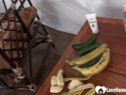 Gorgeous babe in stockings masturbates with a banana 12/16