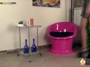 Sexy barefoot redhead gives you a full upskirt view 1/16