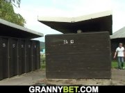 Busty 70 years old blonde granny takes cock in the changing room 8/16