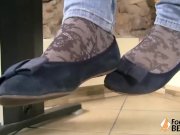 Teen brunette takes off ballet flats and socks to get barefoot 2/16