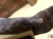 Teen brunette takes off ballet flats and socks to get barefoot 9/16