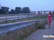 Public Pissing On The Highway For Sexy Brunette 3/16