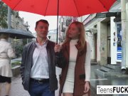 Busty blonde teen seduces him in a white dress 3/16