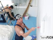 Innocent blonde gets double penetrated by the painters 2/16