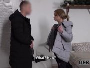 Debt4k. Modest-looking blonde agrees to pay her first debt with fucking 1/16