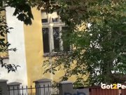 Busty Blonde Babe Pisses In The Street 2/16