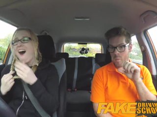 Fake Driving School – Black haired Euro babe with Glasses Fucked in a Car